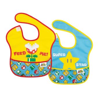 Bumkins SuperBib® 2 Pack: Super Mario™ Expressions includes 2 waterproof video game-themed bibs in blue and yellow with front pocket.
