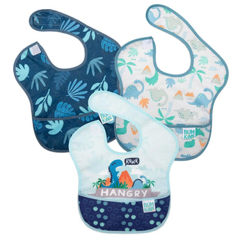Bumkins SuperBib® 3 Pack: Hangry, Dinosaurs, Blue Tropic includes 3 waterproof bibs with blue dinosaur and tropical leaf designs.