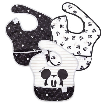 Bumkins SuperBib® 3 Pack: Love, Mickey includes 3 black and white waterproof bibs with Mickey Mouse designs.