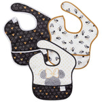Bumkins SuperBib® 3 Pack: Love, Minnie includes 3 waterproof bibs with Minnie Mouse designs in black, white, and gold.
