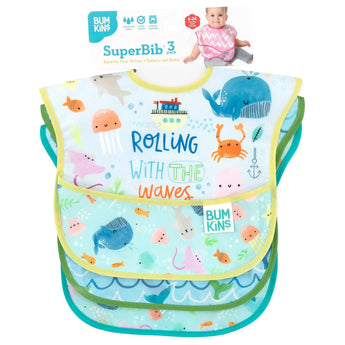 Bumkins SuperBib® 3 Pack: Rolling With the Waves is shown on a white packaging header.
