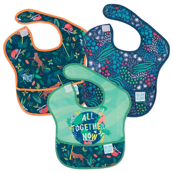 Bumkins SuperBib® 3 Pack: All Together Now includes 3 waterproof bibs with animal designs, front pocket, and hook-and-loop closure.