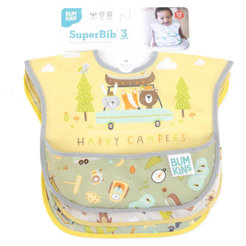 Bumkins SuperBib® 3 Pack: Happy Campers is shown on a white packaging header.