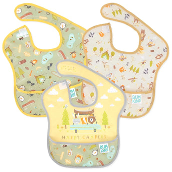 Bumkins SuperBib® 3 Pack: Happy Campers includes 3 waterproof baby bibs with colorful camping-themed designs and a front pocket.