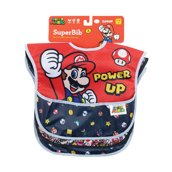 Bumkins SuperBib® 3 Pack: Super Mario™ Power-Up is shown on a red packaging header with a cartoon illustration.