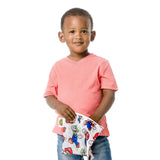 A young boy in a coral shirt and jeans holds a Bumkins Reusable Snack Bag, Large: Super Mario™ & Luigi on a white background.