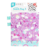 Bumkins Reusable Snack Bag, Large 2-Pack: Rainbows & Unicorns is shown on a white packaging header.