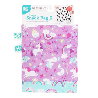 Bumkins Reusable Snack Bag, Large 2-Pack: Rainbows & Unicorns is shown on a white packaging header.