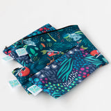 Bumkins Reusable Snack Bag, Small 2-Pack: Jungle & Animal Prints lays stacked on a white background on top of two similar bags.