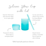 Infographic of Bumkins Silicone Straw Cup with Lid: 100% food-safe platinum silicone, sized for little hands, transparent silicone.