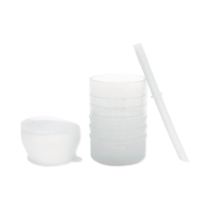 Bumkins Silicone Straw Cup with Lid: Gray features LFGB-grade silicone, includes measurements, lid, and straw.