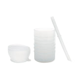 Bumkins Silicone Straw Cup with Lid: Gray features LFGB-grade silicone, includes measurements, lid, and straw.
