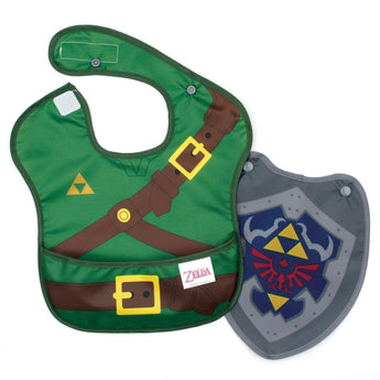 Bumkins Caped SuperBib®: The Legend of Zelda™ Link is a green waterproof bib with a tunic and belt design with a gray shield-shaped cape.