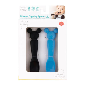 Bumkins Silicone Dipping Spoons: Mickey Mouse (Black and Blue) are shown in a white packaging box with a front window displaying the spoons.