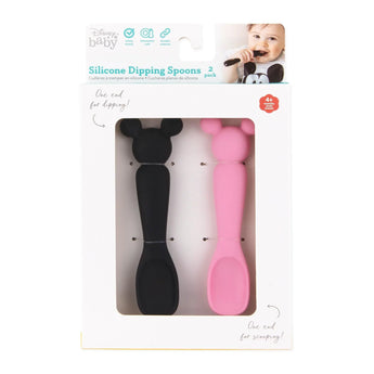 Bumkins Silicone Dipping Spoons: Minnie Mouse (Black and Pink) are shown in a white packaging box with a front window displaying the spoons.