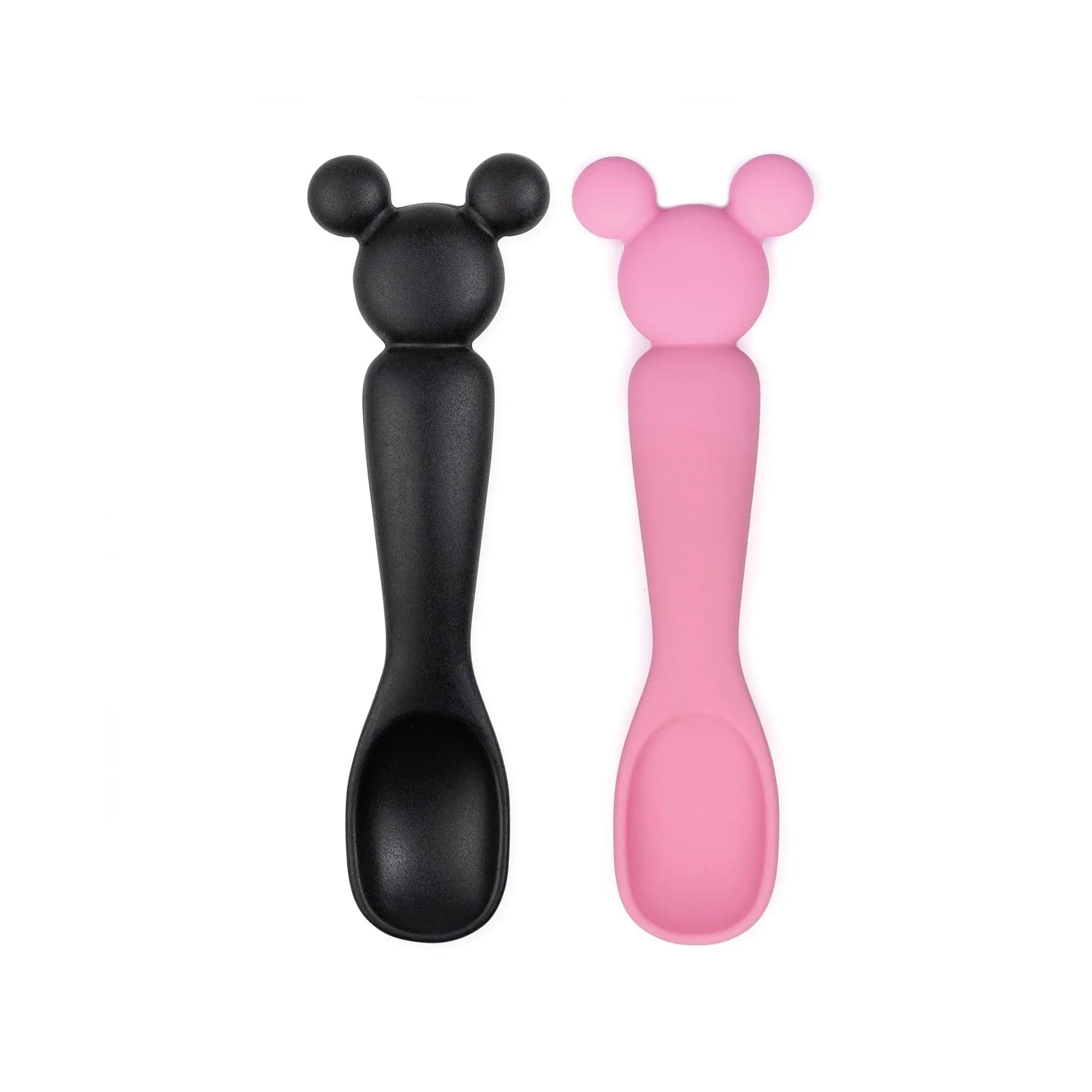 Minnie & Mickey Mouse Black + Pink Silicone Dipping Spoons | Bumkins Minnie & Mickey Mouse Black + Pink Silicone Dipping Spoons | Bumkins