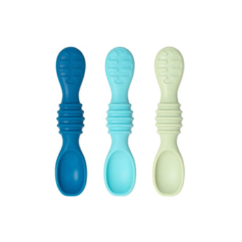 Bumkins Silicone Dipping Spoons 3 Pack: Gumdrop includes 3 silicone spoons in dark blue, light blue, and light green with textured handles.