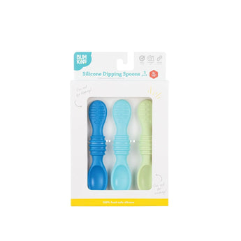 Bumkins Silicone Dipping Spoons 3 Pack: Gumdrop is shown in a white packaging box with a clear front window displaying the spoons.