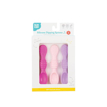 Bumkins Silicone Dipping Spoons 3 Pack: Lollipop is shown in a white packaging box with a clear front window displaying the spoons.