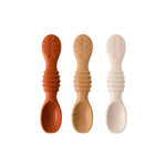 Bumkins Silicone Dipping Spoons 3 Pack: Rocky Road includes 3 silicone spoons in orange, beige, and tan, perfect for self-feeding.