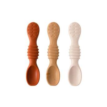 Bumkins Silicone Dipping Spoons 3 Pack: Rocky Road includes 3 silicone spoons in orange, beige, and tan, perfect for self-feeding.