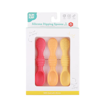Bumkins Silicone Dipping Spoons 3 Pack: Tutti-Frutti is shown in a white packaging box with a clear front window displaying the spoons.