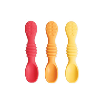 Bumkins Silicone Dipping Spoons 3 Pack: Tutti-Frutti features red, orange, and yellow self-feeding spoons with textured silicone handles.