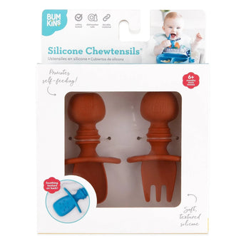 Bumkins Silicone Chewtensils®: Clay are shown in a white packaging box, with a clear front window displaying the product.