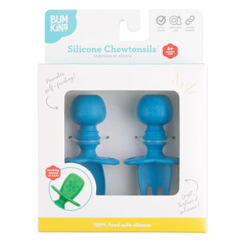 Bumkins Silicone Chewtensils®: Dark Blue are shown in a white packaging box, with a clear front window displaying the product.
