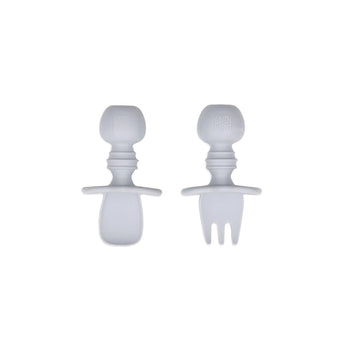 Bumkins Silicone Chewtensils®: Gray includes two gray utensils with rounded handles, made from 100% food-safe silicone.