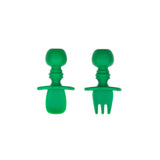 Bumkins Silicone Chewtensils®: Jade—two dark green utensils with rounded handles made from 100% food-safe silicone.