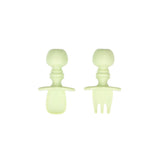 Bumkins Silicone Chewtensils®: Sage—two light green utensils with rounded handles made from 100% food-safe silicone.