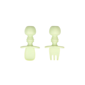 Bumkins Silicone Chewtensils®: Sage—two light green utensils with rounded handles made from 100% food-safe silicone.