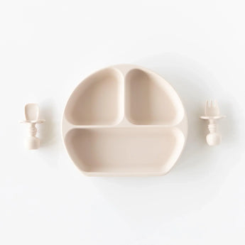 Bumkins Silicone Chewtensils®: Sand sit on either side of a matching divided plate on a white background.