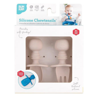 Bumkins Silicone Chewtensils®: Sand are shown in a white packaging box, with a clear front window displaying the product.