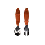 Bumkins Spoon + Fork: Clay includes two utensils with orange ribbed silicone handles and stainless steel heads.