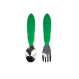 Bumkins Spoon + Fork: Jade includes two utensils with dark green ribbed silicone handles and stainless steel heads.