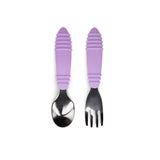 Bumkins Spoon + Fork: Lavender includes two utensils with light purple ribbed silicone handles and stainless steel heads.