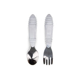 Bumkins Spoon + Fork: Marble includes two utensils with white & gray marble ribbed silicone handles and stainless steel heads.