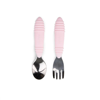 Bumkins Spoon + Fork: Pink includes two utensils with pink ribbed silicone handles and stainless steel heads.