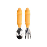 Bumkins Spoon + Fork: Tangerine includes two utensils with orange ribbed silicone handles and stainless steel heads.