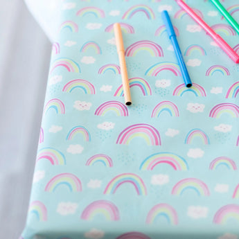Close-up of colorful markers on a Bumkins Splat Mat: Rainbows.