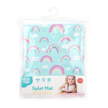 Bumkins Splat Mat: Rainbows is shown folded in a plastic packaging bag with a hanger and cardboard insert.
