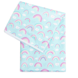 Bumkins Splat Mat: Rainbows features light blue waterproof fabric with a colorful rainbow and cloud design and a white trim.