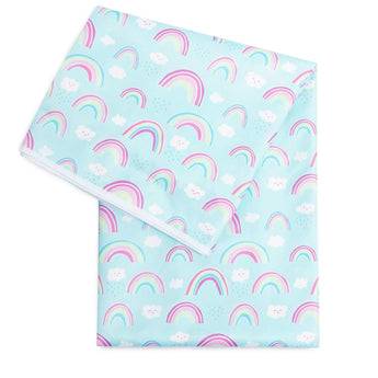 Bumkins Splat Mat: Rainbows features light blue waterproof fabric with a colorful rainbow and cloud design and a white trim.