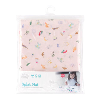 Bumkins Splat Mat: Princess Magic is shown folded in plastic packaging bag with a hanger and cardboard insert.