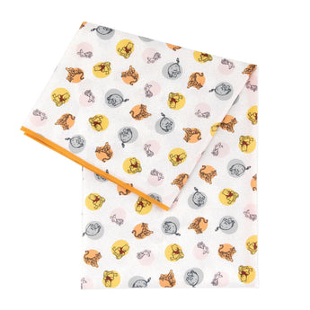 Bumkins Splat Mat: Winnie and Friends features a colorful Winnie the Pooh pattern on white waterproof fabric with an orange trim.