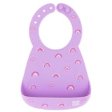 Bumkins Silicone Bib: Rainbows features a purple silicone bib with rainbow patterns, a pocket, and adjustable neck closure.