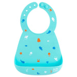 Bumkins Silicone Bib: Ocean Life is made of blue silicone and adorned with sea creatures like jellyfish and whales.