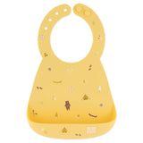 Bumkins Silicone Bib: Camp Gear features a camping design with tents, trees, and bears on yellow silicone, with a front pocket.